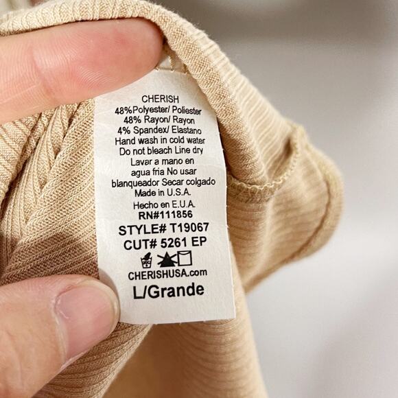 New Cherish Large L Taupe Peach Open Back Cold Shoulder Long Sleeve Tee Tshirt - Picture 9 of 9